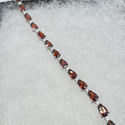 Vintage Silver Tennis Bracelet | Red Garnet Crystal Diamond Cubic Zirconia | 925 Sterling Silver Dainty Deco Minimal layered Stacking