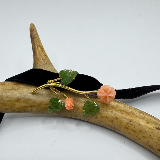 Vintage Green Jade and Pink Coral Rose Brooch Pin - Gold Filled with Velvet Choker - Small Lucky Jade Design