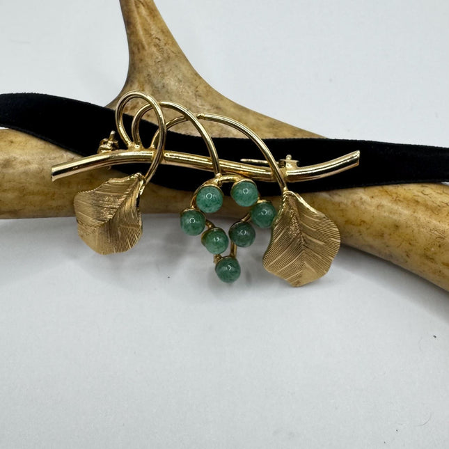 Vintage Ivory Flower Green Jade Rose Brooch Pin - Unique Gold Filled Accessory