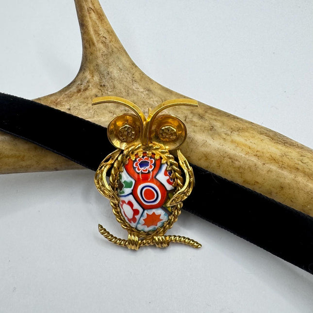 Vintage Red Art Glass Owl Brooch Pin - 14K Gold Filled