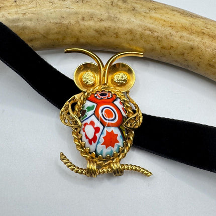 Vintage Red Art Glass Owl Brooch Pin - 14K Gold Filled