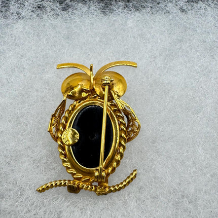 Vintage Red Art Glass Owl Brooch Pin - 14K Gold Filled