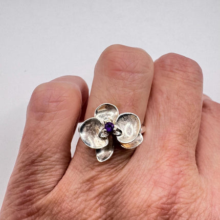 Vintage Red Orchid Silver Ring | Red Ruby Boho Cocktail | 925 Sterling Silver Antique Wedding Band Engagement Ring