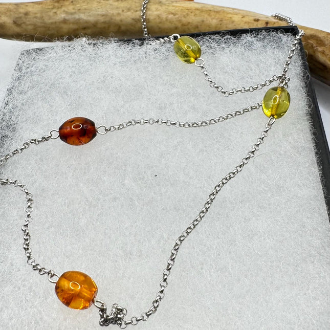 Vintage Silver Necklace | Tiny Baltic Resin Station Charm Pendant | 925 Sterling Silver 22 inch Chain Necklace | Minimalist Everyday Jewelry