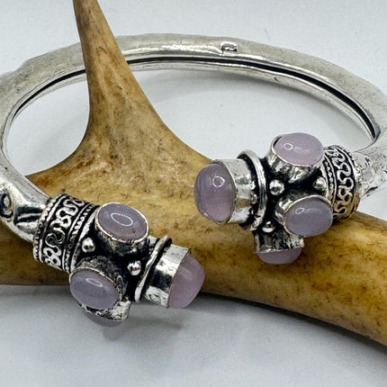 Vintage Pink Rose Quartz Silver Bangle Cuff Bracelet | African Silver Bronze Elegant Everyday