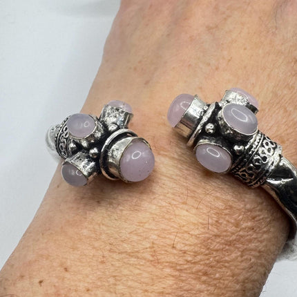 Vintage Pink Rose Quartz Silver Bangle Cuff Bracelet | African Silver Bronze Elegant Everyday