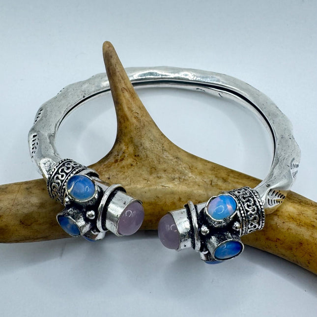 Vintage Pink Rose Quartz Silver Bangle Cuff Bracelet | African Silver Bronze Elegant Everyday