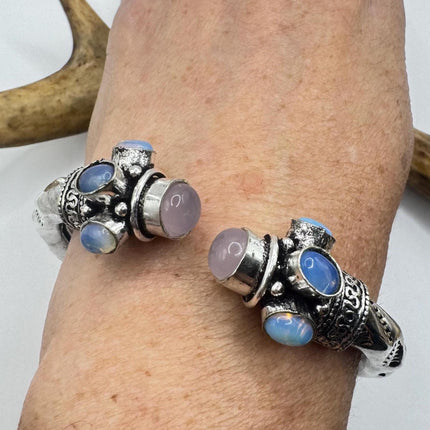 Vintage Pink Rose Quartz Silver Bangle Cuff Bracelet | African Silver Bronze Elegant Everyday