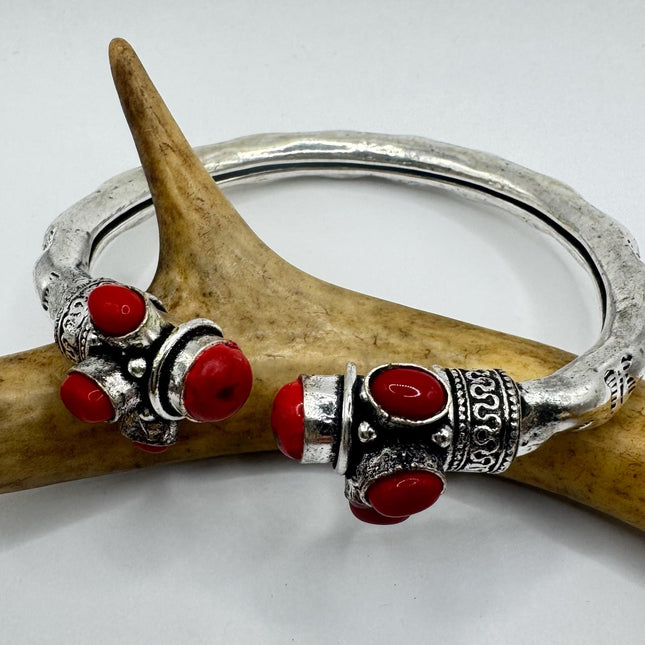 Vintage Red Coral Silver Bangle Cuff Bracelet | African Silver Bronze Elegant Everyday