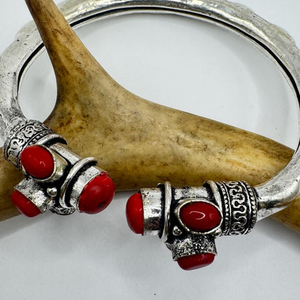 Vintage Red Coral Silver Bangle Cuff Bracelet | African Silver Bronze Elegant Everyday