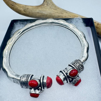 Vintage Red Coral Silver Bangle Cuff Bracelet | African Silver Bronze Elegant Everyday
