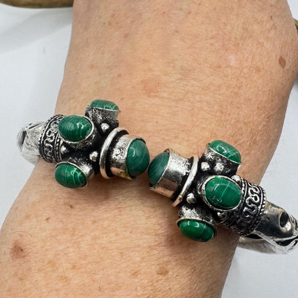 Vintage Green Malachite Silver Bangle Cuff Bracelet | African Silver Bronze Elegant Everyday