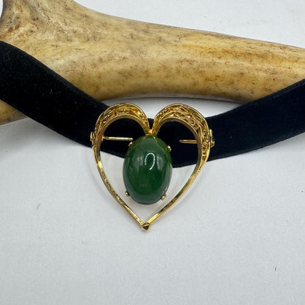 Vintage Green Jade Brooch Pin on Gold Filled Black Velvet Choker - Minimal Everyday Accessory