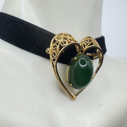 Vintage Green Jade Brooch Pin on Gold Filled Black Velvet Choker - Minimal Everyday Accessory