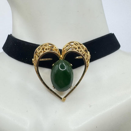 Vintage Green Jade Brooch Pin on Gold Filled Black Velvet Choker - Minimal Everyday Accessory