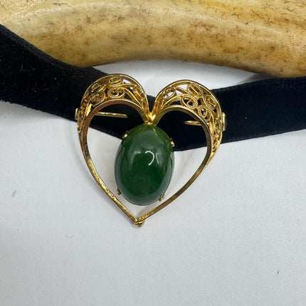 Vintage Green Jade Brooch Pin on Gold Filled Black Velvet Choker - Minimal Everyday Accessory