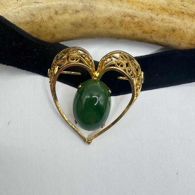 Vintage Green Jade Brooch Pin on Gold Filled Black Velvet Choker - Minimal Everyday Accessory
