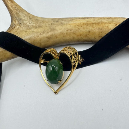 Vintage Green Jade Brooch Pin on Gold Filled Black Velvet Choker - Minimal Everyday Accessory
