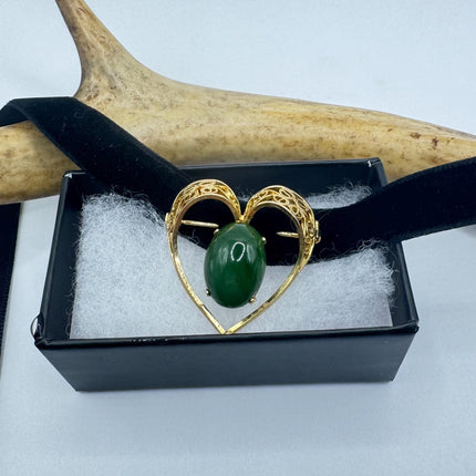Vintage Green Jade Brooch Pin on Gold Filled Black Velvet Choker - Minimal Everyday Accessory