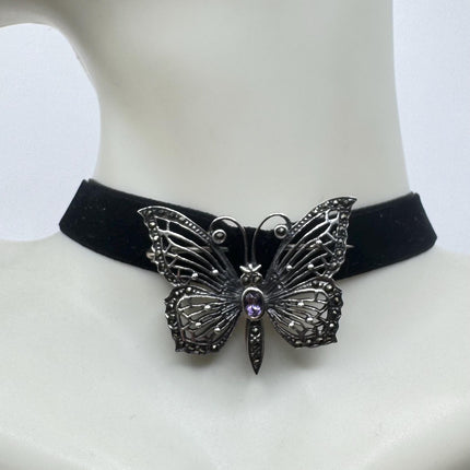Vintage Brooch Pin – 925 Sterling Silver Butterfly Marcasite Purple Amethyst Gemstones Deco Scatter pin on Black velvet Choker