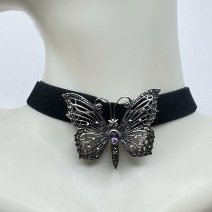 Vintage Brooch Pin – 925 Sterling Silver Butterfly Marcasite Purple Amethyst Gemstones Deco Scatter pin on Black velvet Choker