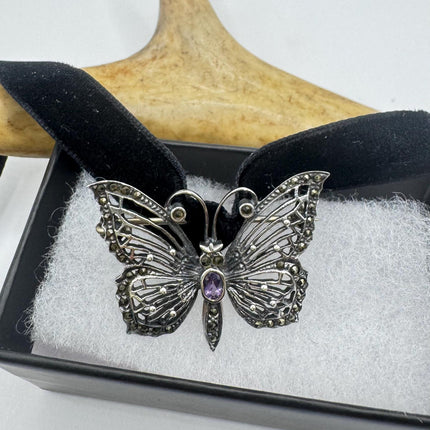Vintage Brooch Pin – 925 Sterling Silver Butterfly Marcasite Purple Amethyst Gemstones Deco Scatter pin on Black velvet Choker