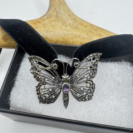 Vintage Brooch Pin – 925 Sterling Silver Butterfly Marcasite Purple Amethyst Gemstones Deco Scatter pin on Black velvet Choker