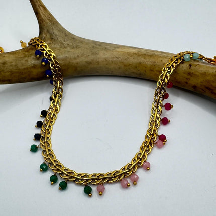 Vintage Mixed Gemstone Station Bracelet | Ankle Bracelet | Stacking Layered | Gold Filled With Rainbow gemstone Beads
