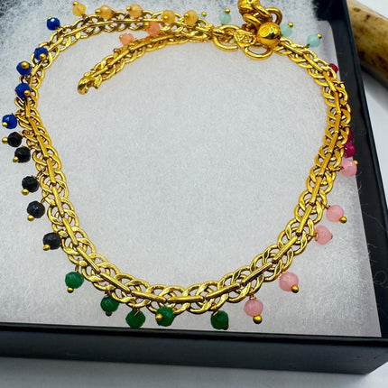 Vintage Mixed Gemstone Station Bracelet | Ankle Bracelet | Stacking Layered | Gold Filled With Rainbow gemstone Beads