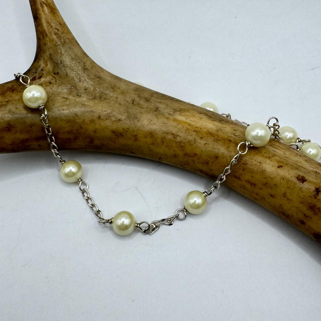 Vintage Silver Pearl Necklace | White Pearl Gemstone Crystal Birthstone 925 Sterling Silver Station Necklace
