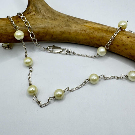 Vintage Silver Pearl Necklace | White Pearl Gemstone Crystal Birthstone 925 Sterling Silver Station Necklace