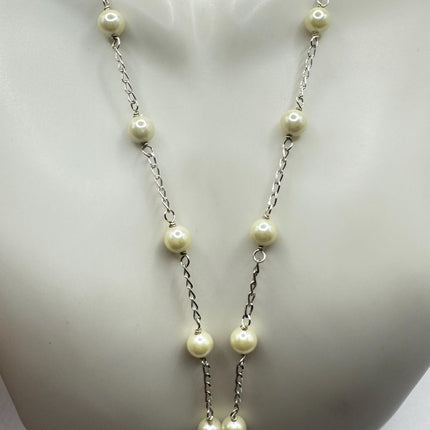 Vintage Silver Pearl Necklace | White Pearl Gemstone Crystal Birthstone 925 Sterling Silver Station Necklace