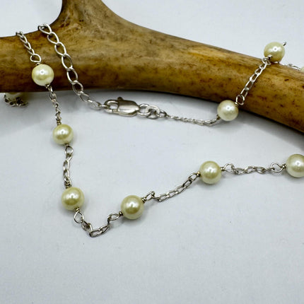 Vintage Silver Pearl Necklace | White Pearl Gemstone Crystal Birthstone 925 Sterling Silver Station Necklace