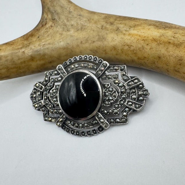 Vintage Black Onyx Marcasite Brooch Pin | Deco Sterling Silver Pin Brooch