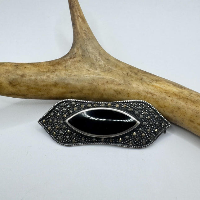 Vintage Black Onyx Marcasite Brooch Pin | Deco Sterling Silver Pin Brooch