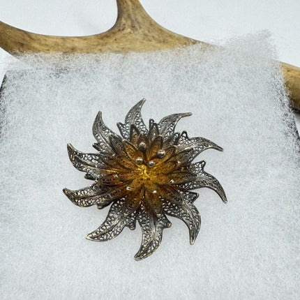 Vintage Filigree Flower Brooch Pin | Deco Sterling Silver Pin Brooch