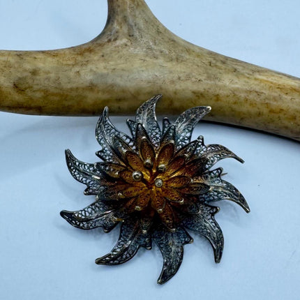 Vintage Filigree Flower Brooch Pin | Deco Sterling Silver Pin Brooch