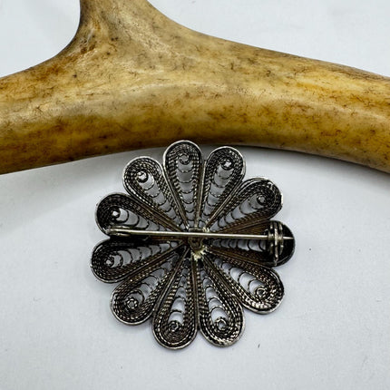 Vintage Filigree Flower Brooch Pin | Deco Sterling Silver Pin Brooch