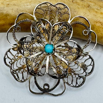 Vintage Filigree Flower Brooch Pin | Deco Sterling Silver Pin Brooch