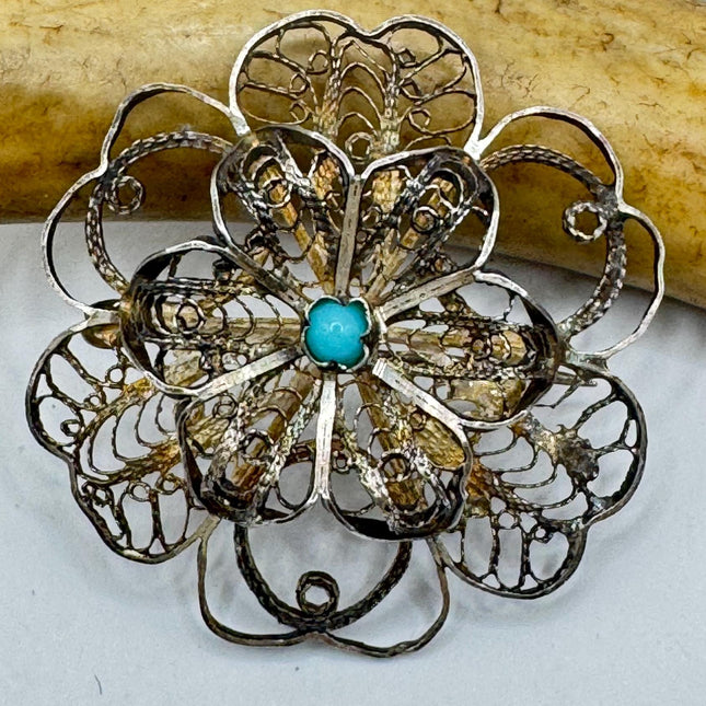 Vintage Filigree Flower Brooch Pin | Deco Sterling Silver Pin Brooch