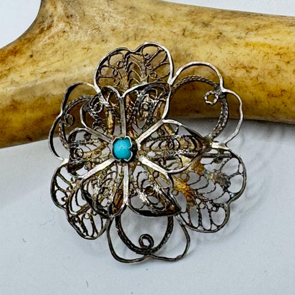 Vintage Filigree Flower Brooch Pin | Deco Sterling Silver Pin Brooch