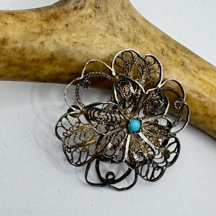 Vintage Filigree Flower Brooch Pin | Deco Sterling Silver Pin Brooch