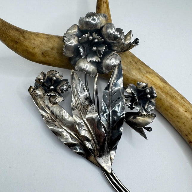 Vintage Huge Flower Brooch Pin | Deco Sterling Silver Pin Brooch | Shoulder Pin