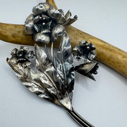 Vintage Huge Flower Brooch Pin | Deco Sterling Silver Pin Brooch | Shoulder Pin