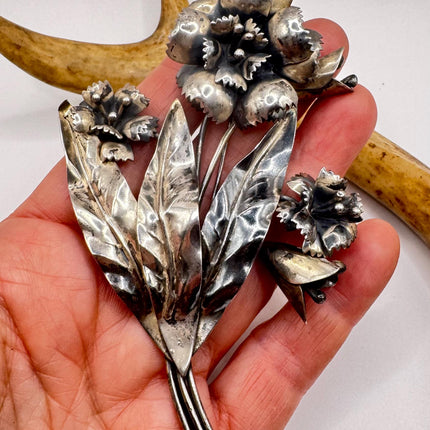 Vintage Huge Flower Brooch Pin | Deco Sterling Silver Pin Brooch | Shoulder Pin