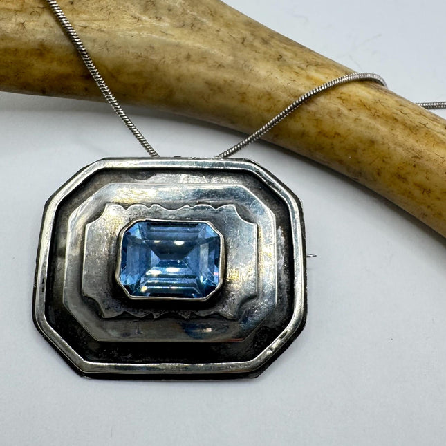 Vintage Aquamarine Blue Brooch Pin | Deco Sterling Silver Pin Brooch necklace