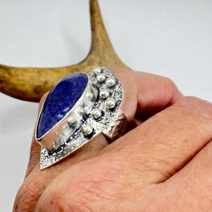 Vintage Raw Blue Sapphire Ring Handmade Silver Finished Bronze Gemstone Ring, Boho Statement Jewelry, Unique Gift for Her