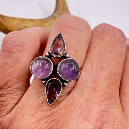 Vintage Purple Amethyst Cocktail Ring Silver Band Statement Ring