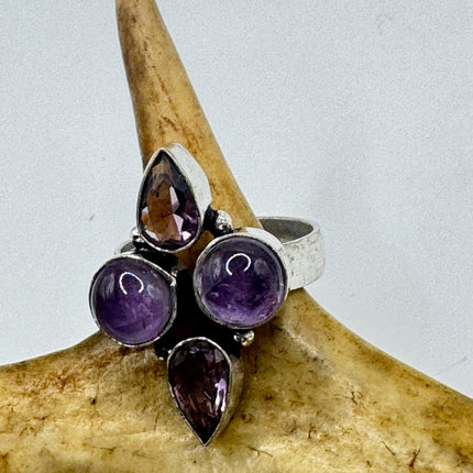 Vintage Purple Amethyst Cocktail Ring Silver Band Statement Ring
