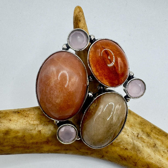Vintage Silver Bronze Boho Ring | Orange Agates Rose Quartz | Unique Gift Statement Ring